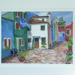 yvonne west burano island Watercolour Painting 14in x 10in Framed